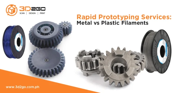 A blog banner by 3D2GO titled Rapid Prototyping Services: Metal vs Plastic Filaments